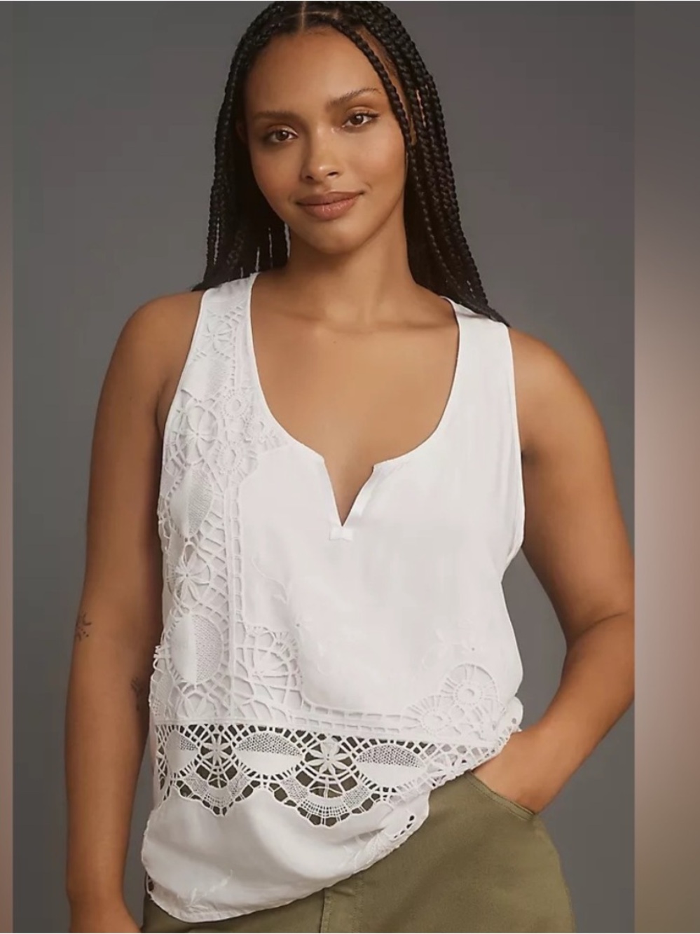 Anthropologie Tiny Cyrus white embellished floral razor back tank top